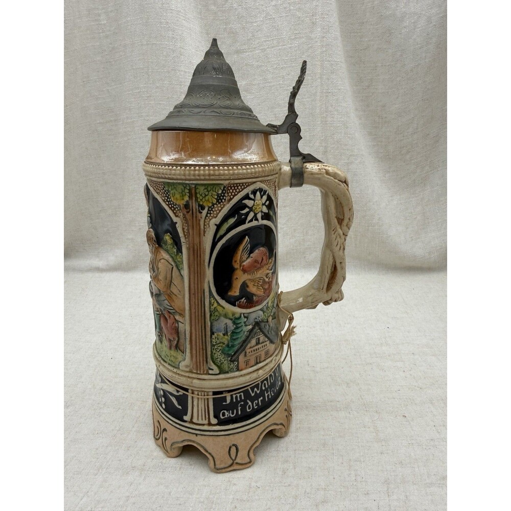 German Beer Stein Music Box Lidded Hunting Scene Im Wald Pewter Lid VTG
